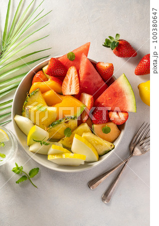 Summer fruits, assortment platter antipasti, watermelon, pineapple, melon and strawberries. Summer fruits, assortment platter antipasti, watermelon, pineapple, melon and strawberries. 100380647