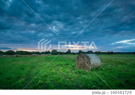 Bale of hay in the meadow and cloudy sky Bale of hay in the meadow and cloudy sky 100381729
