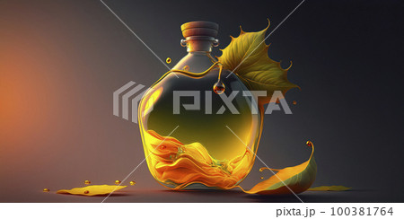 A Luxurious, Organic, and Visually Striking Golden-Green Glass Perfume Bottle and some Leaves are Arranged against a Dark Teal-Blue Background A Luxurious, Organic, and Visually Striking Golden-Green Glass Perfume Bottle and some Leaves are Arranged against a Dark Teal-Blue Background 100381764
