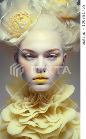 A Rococo Fashion Concept with a Beautiful Woman Wearing an Elegant Yellow Dress, Yellow Lipstick, and Yellow Flowers in Her Updo Hair A Rococo Fashion Concept with a Beautiful Woman Wearing an Elegant Yellow Dress, Yellow Lipstick, and Yellow Flowers in Her Updo Hair 100381765