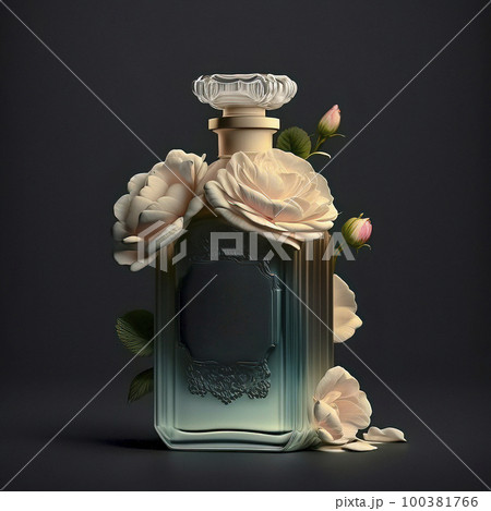 Romantic Concept Beautiful Glass Blue Perfume Bottle with Pink Rose Flowers on a Dark Background Romantic Concept Beautiful Glass Blue Perfume Bottle with Pink Rose Flowers on a Dark Background 100381766