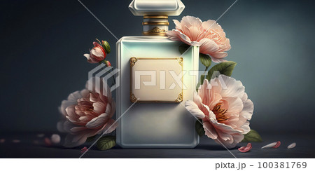 An Exquisite Perfume Bottle Adorned with Peony Flowers on a Dark Blue Background 100381769
