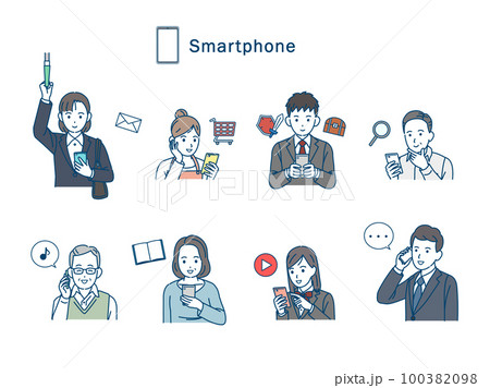 スマートフォンを使う様々な年齢層の人達のイラスト スマートフォンを使う様々な年齢層の人達のイラスト 100382098
