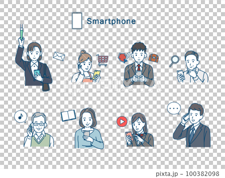 スマートフォンを使う様々な年齢層の人達のイラスト スマートフォンを使う様々な年齢層の人達のイラスト 100382098