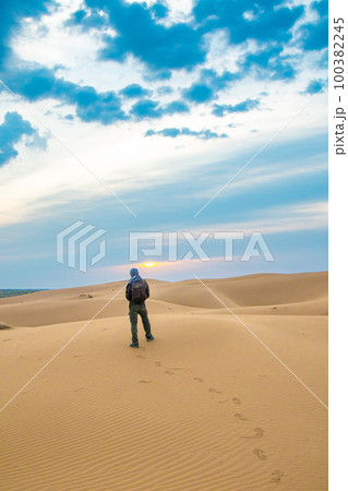 One man stands on a sand dune in the Kyzylkum desert at sunrise 100382245