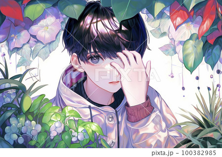 鮮やかでカラフルな花に包まれた男性の優しい微笑み「AI生成画像」 100382985