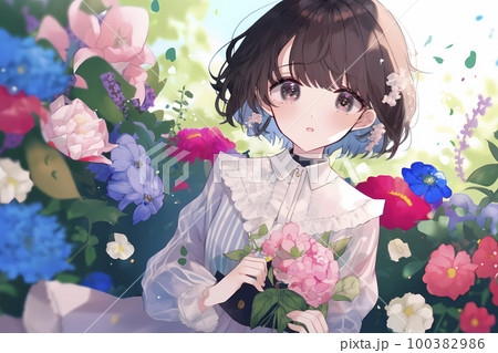 鮮やかでカラフルな花に包まれた女性の優しい微笑み「AI生成画像」の