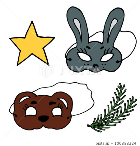 Christmas rabbit mask, bear mask, stars, brunch. Green, yellow, gray, brown. Vector illustration. 100383224
