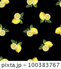 Tropical seamless pattern with yellow lemons. Summer print with citrus, lemons slices, fresh fruits and flowers in hand drawn style. Colorful vector background 100383767