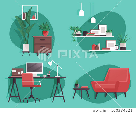 Home office concepts set with computer, armchair, homeplant, deor elements. Cosy workspace interior 100384321