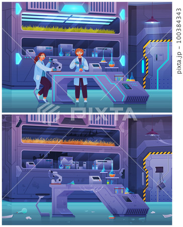 Scientific research chemical laboratory before and after destruction, scientists experimenting 100384343