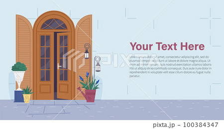 Facade door house exterior entrance. Front view from street. Opened home entry exterior, doorway Facade door house exterior entrance. Front view from street. Opened home entry exterior, doorway 100384347
