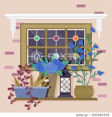 Indoor garden, doorway exterior. Front house design elements green potted plants and lantern set Indoor garden, doorway exterior. Front house design elements green potted plants and lantern set 100384348