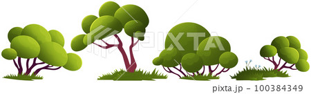 Green trees flat vector forest. Beautiful green leaves, bushes, grass on glade. Spring time trees Green trees flat vector forest. Beautiful green leaves, bushes, grass on glade. Spring time trees 100384349