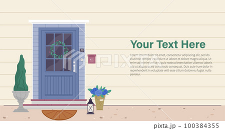 Facade door house exterior. front view from street. Closed home entrance exterior with potted plants Facade door house exterior. front view from street. Closed home entrance exterior with potted plants 100384355