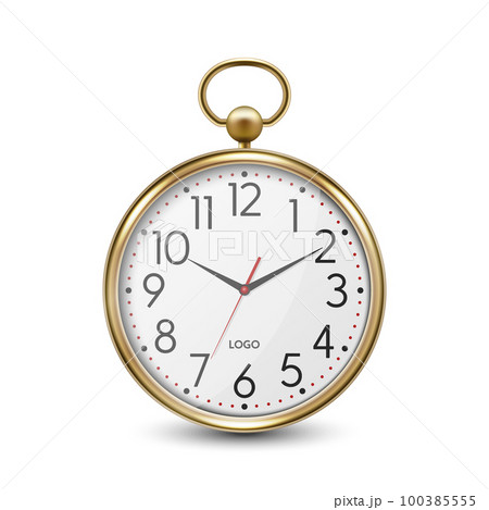 Vector 3d Realistic Simple Round Metal Yellow Golden Wall Office Clock with White Dial Icon Closeup Isolated on White Background. Design Template, Mock-up for Branding, Advertise. Front View 100385555