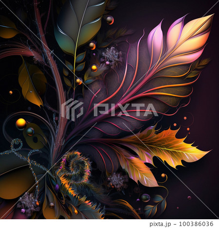Original floral vibrant design with exotic flowers and tropic leaves. Colorful flowers on dark background. 100386036
