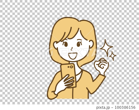 一個女人誰看著智能手機，並發揮膽量的姿勢 100386156