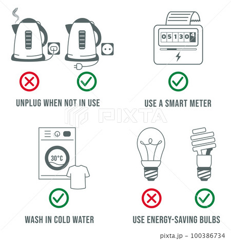 Vector set of flat illustrations which help to reduce the usage of electricity and reduce the fee for utilities 100386734