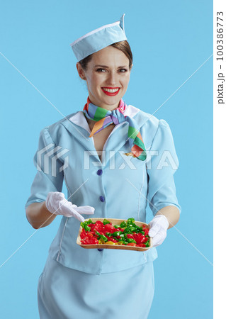 smiling stylish flight attendant woman on blue 100386773
