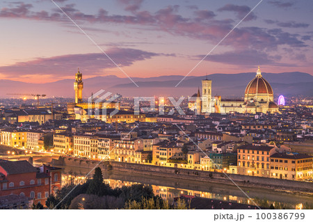 Florence, Italy skyline with landmark buildings Over the Arno River Florence, Italy skyline with landmark buildings Over the Arno River 100386799