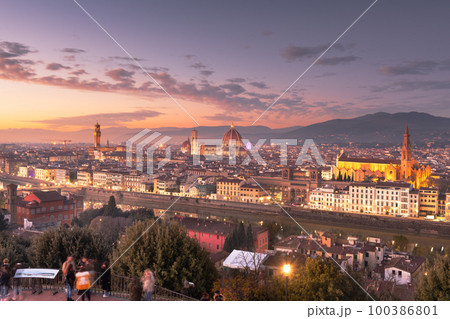 Florence, Italy skyline with landmark buildings Over the Arno River 100386801