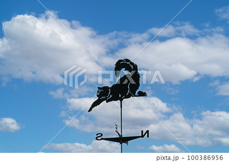 A weather vane in the form of a cat and a mouse on the roof of a house against a blue cloudy sky. Copy space 100386956
