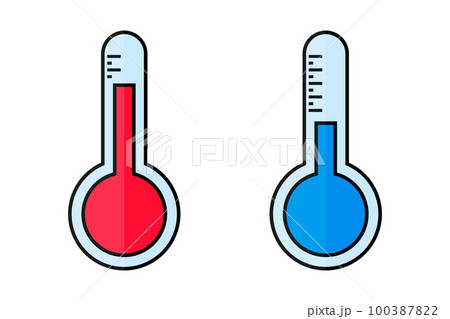 フラットデザインの低温と高温の温度計アイコンセット。気温。暑さと寒さ。ベクター。 フラットデザインの低温と高温の温度計アイコンセット。気温。暑さと寒さ。ベクター。 100387822