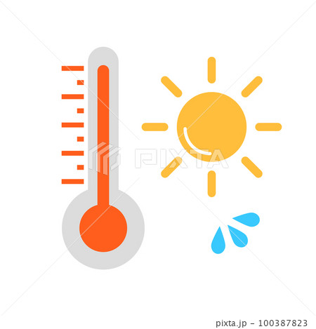 高温の温度計と太陽と汗のアイコンセット。夏。ベクター。 100387823