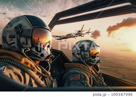 Military pilots in jet fighter cockpit at sunset. Military aviation. Created with Generative AI Military pilots in jet fighter cockpit at sunset. Military aviation. Created with Generative AI 100387996