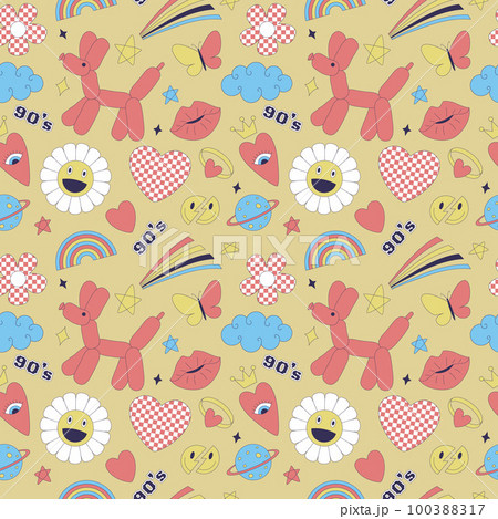 Seamless pattern with y2k style elements. Acidic vivid neon colors. Bright youth pattern with 90 s characters. Inflatable dog balloon, daisy, rainbow, kiss. Vector illustration on yellow background Seamless pattern with y2k style elements. Acidic vivid neon colors. Bright youth pattern with 90 s characters. Inflatable dog balloon, daisy, rainbow, kiss. Vector illustration on yellow background 100388317