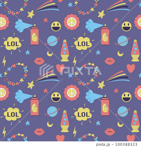 Seamless pattern with y2k style elements. Acidic vivid neon colors. Bright youth pattern with 90 s symbols. Lava lamp, bracelet, smiling face, lips. Vector illustration on purple background. Seamless pattern with y2k style elements. Acidic vivid neon colors. Bright youth pattern with 90 s symbols. Lava lamp, bracelet, smiling face, lips. Vector illustration on purple background. 100388323