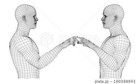 Two male wireframes touch with index fingers on a white background. Two male wireframes touch with index fingers on a white background. 100388943