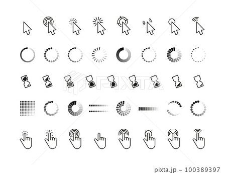 Interface progress cursor. Pointer mouse click arrow, connection loading and pointing hand web symbols, computer interface buttons. Vector set Interface progress cursor. Pointer mouse click arrow, connection loading and pointing hand web symbols, computer interface buttons. Vector set 100389397