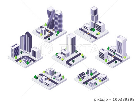 Isometric city streets. Town quarter with skyscrapers apartment and office buildings houses, urban residential block with traffic. Vector illustration 100389398