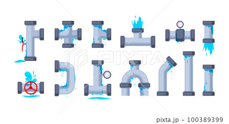 Pipeline leak. Broken pipe with leakage, plumber dripping drain faucet problem, tap valve crack with water drops, industrial technology concept. Vector set 100389399