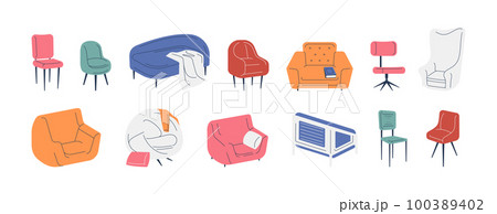 Chairs and armchairs. Cozy home interior and office furniture, stylish upholstered furnish for comfort relaxation, cartoon apartment decor. Vector set 100389402