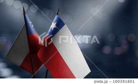 Small flags of the Chile on an abstract blurry background 100391801