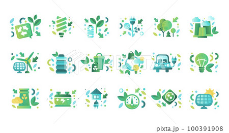 Ecology and renewable energy icons set. Alternative energy sources, power industry green signs vector illustration 100391908