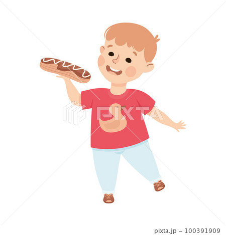 Little Boy Eating Sweet Eclair with Happy Face Enjoying Sugary Treat Vector Illustration 100391909