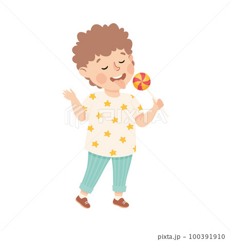 Little Boy Eating Sweet Lollipop with Happy Face Enjoying Sugary Treat Vector Illustration 100391910