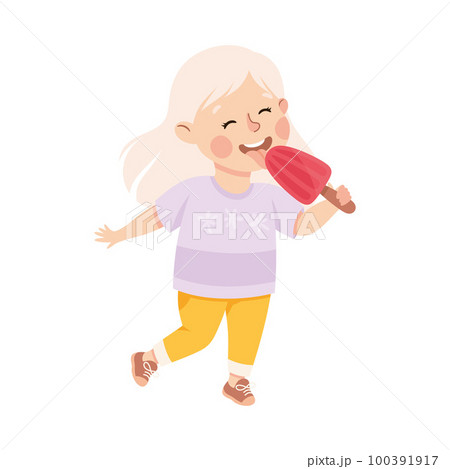 Little Girl Eating Sweet Ice Cream with Happy Face Enjoying Sugary Treat Vector Illustration 100391917