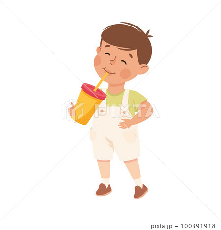 Little Boy Drinking Sweet Soda with Happy Face Enjoying Sugary Treat Vector Illustration 100391918
