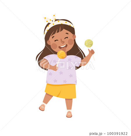 Little Girl Eating Sweet Lollipop with Happy Face Enjoying Sugary Treat Vector Illustration Little Girl Eating Sweet Lollipop with Happy Face Enjoying Sugary Treat Vector Illustration 100391922