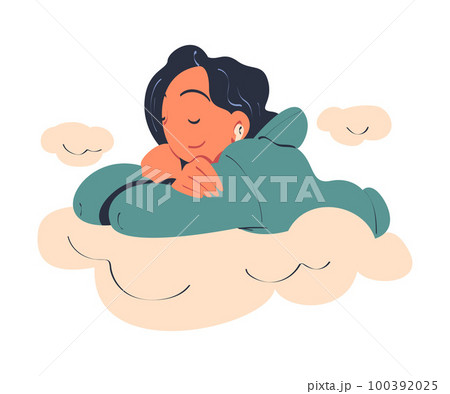 Woman Character Dreaming Imagining and Fantasizing Being in the Clouds Vector Illustration Woman Character Dreaming Imagining and Fantasizing Being in the Clouds Vector Illustration 100392025