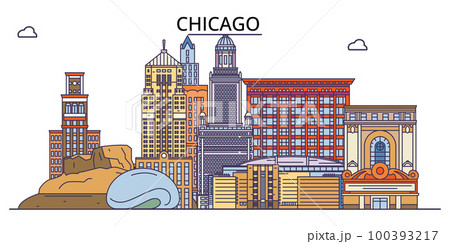 United States, Chicago City (2) tourism landmarks, vector city travel illustration 100393217