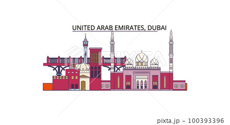 United Arab Emirates, Dubai tourism landmarks, vector city travel illustration 100393396