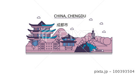 China, Chengdu tourism landmarks, vector city travel illustration 100393504