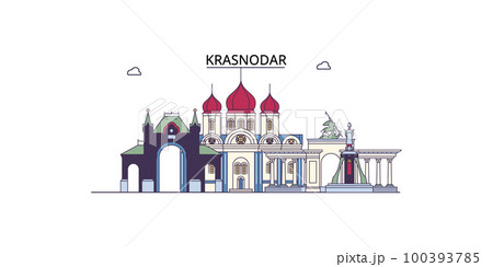 Russia, Krasnodar tourism landmarks, vector city travel illustration 100393785