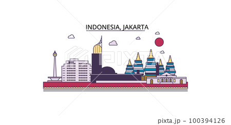 Indonesia, Jakarta tourism landmarks, vector city travel illustration Indonesia, Jakarta tourism landmarks, vector city travel illustration 100394126